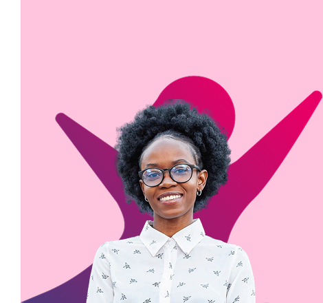 Imagem de uma mulher sorridente, ao fundo a logo do projeto Renda e Futuro com uma cor de fundo rosa